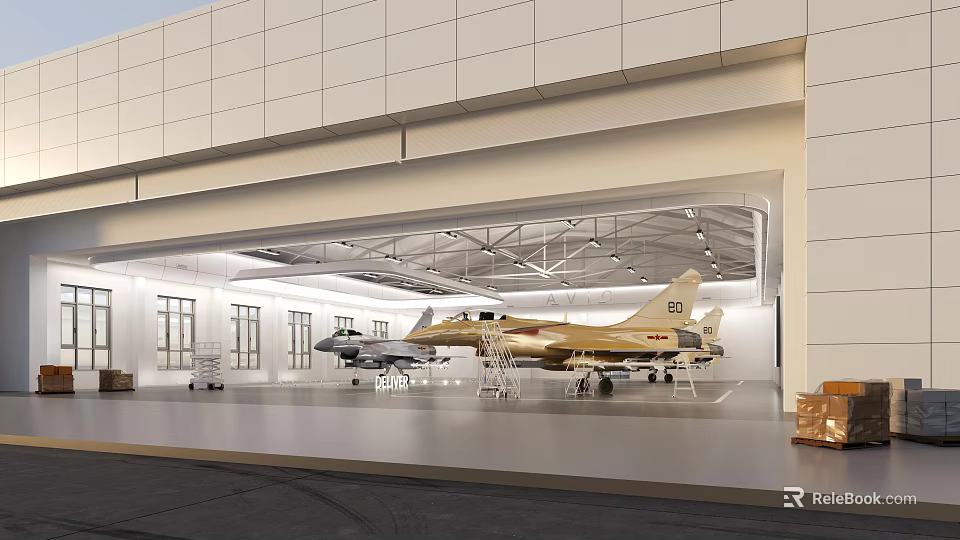 Spacious Exhibition Hall Interior Featuring Golden and Gray Fighter Jets on Display with Bright Lighting 3d model 
