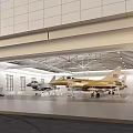 Spacious Exhibition Hall Interior Featuring Golden and Gray Fighter Jets on Display with Bright Lighting