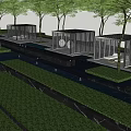 Modern Pergola in Landscape Design with Trees Grass and Water Feature