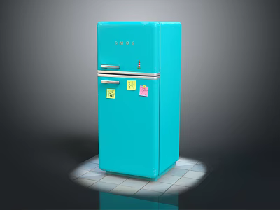 Turquoise Vintage Refrigerator With Stickers On Door And Illuminated Standalone Base 3d model