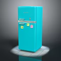 Turquoise Vintage Refrigerator With Stickers On Door And Illuminated Standalone Base