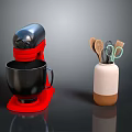 Red Base Black Stand Mixer and Beige Brown Vase with Kitchen Utensils