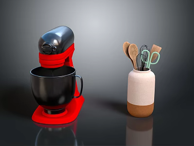 Red Base Black Stand Mixer and Beige Brown Vase with Kitchen Utensils 3d model