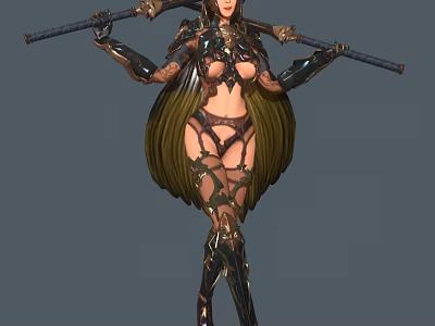 Mythical Female Warrior Character With Green Winged Cape Metallic Armor And Dual Combat Weapons 3d model