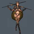 Mythical Female Warrior Character With Green Winged Cape Metallic Armor And Dual Combat Weapons