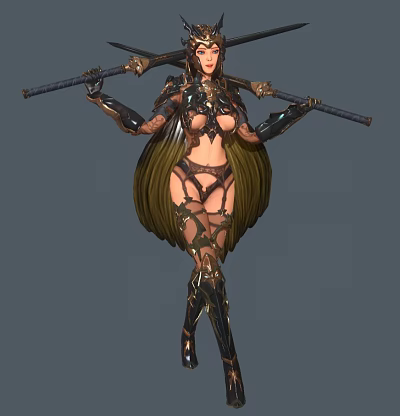 Mythical Female Warrior Character With Green Winged Cape Metallic Armor And Dual Combat Weapons 3d model
