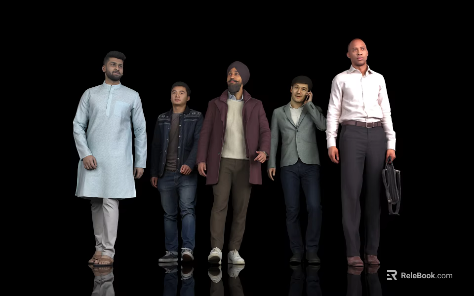 Five Men Standing Together In Various Clothing Styles Against Black Background 3d model 