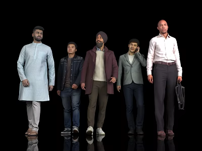 Five Men Standing Together In Various Clothing Styles Against Black Background 3d model