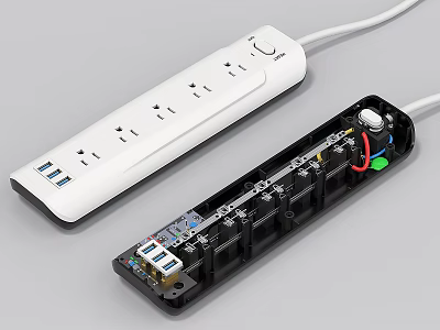 Modern Power Strip with White Exterior Multiple Outlets USB Ports and Black Internal Structure 3d model