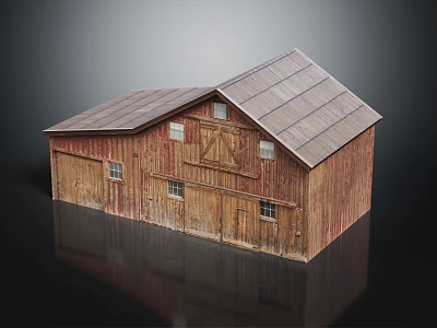 Rustic Wooden Barn With Sloped Roof Small Windows And Double Doors 3d model