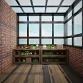 Garden Landscape Featuring Wooden Deck Umbrella Sofa Stools Brick Wall And Lake View With Dog