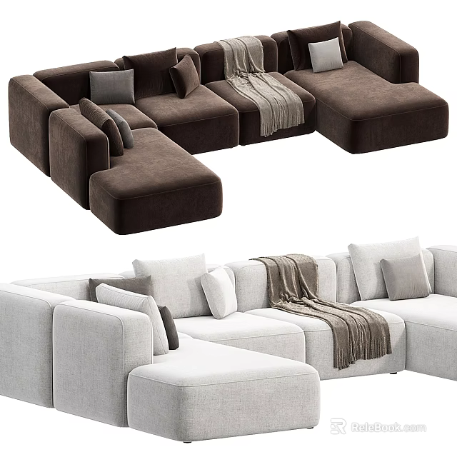 Modern Sectional Sofa in Brown and Light Gray with Pillows and Throw Blanket 3d model