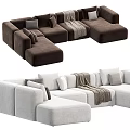 Modern Sectional Sofa in Brown and Light Gray with Pillows and Throw Blanket 3d model