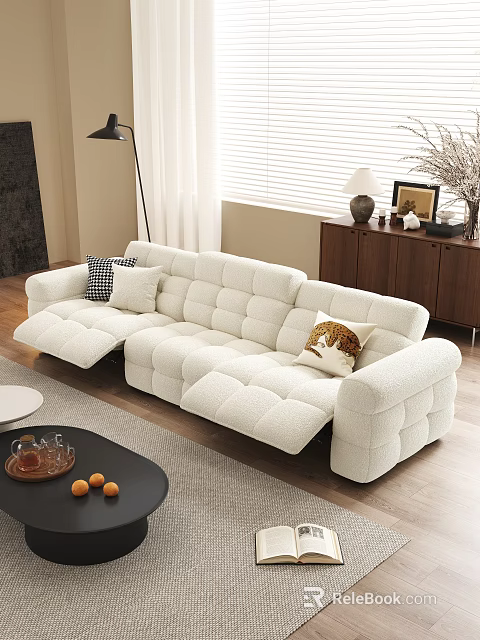 White Plush Three Seater Sofa with Square Stitches and Checkered Animal Print Pillows 3d model 