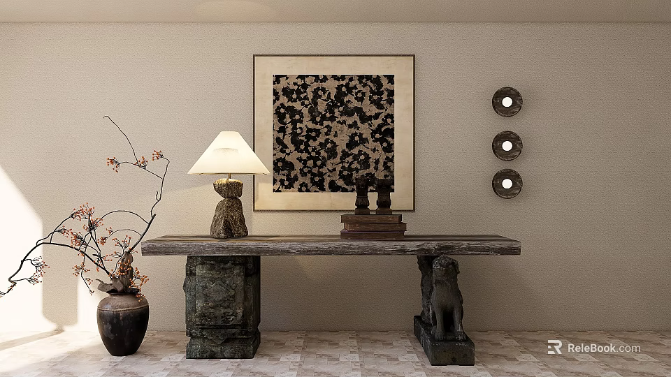 Elegant Stone Console Table with Carved Legs Decorative Lamp and Artwork in Traditional Interior Setting 3d model 