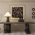 Elegant Stone Console Table with Carved Legs Decorative Lamp and Artwork in Traditional Interior Setting
