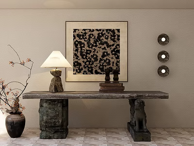 Elegant Stone Console Table with Carved Legs Decorative Lamp and Artwork in Traditional Interior Setting 3d model