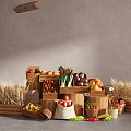 Fresh Vegetables Arranged In Wooden Crates Baskets Sacks With Tomatoes Onions Corn And Wheat