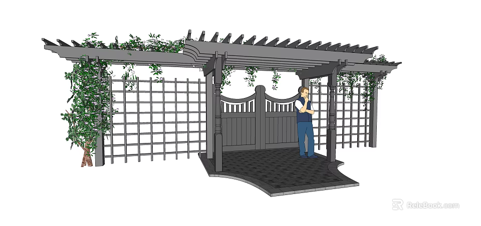 Elegant Entrance Gate With Pergola Covered In Vines And Lattice Fence Design 3d model 