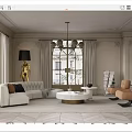 Elegant Living Room Interior With White Sofa Chandelier Large Windows And Coffee Table