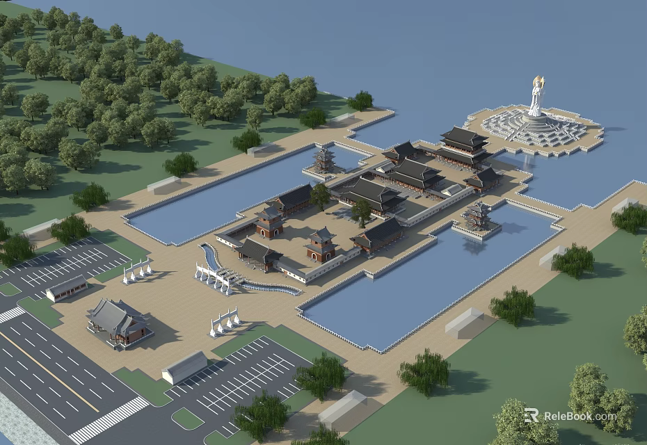 Traditional Ancient Architecture Complex With Lakes Gardens White Statue And Surrounding Trees 3d model 