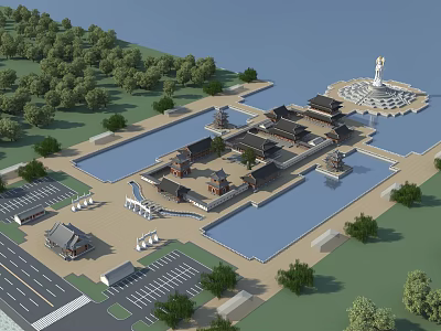 Traditional Ancient Architecture Complex With Lakes Gardens White Statue And Surrounding Trees 3d model