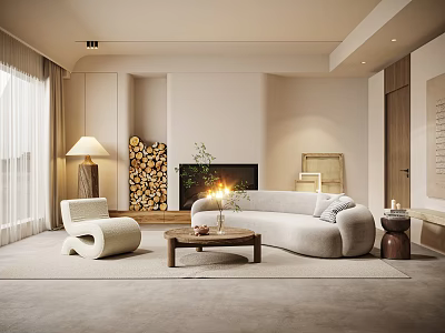 Modern Living Room With Curved Sofa Wooden Coffee Table Fireplace Stacked Firewood And Floor Lamp 3d model