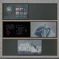 Decorative Wall Featuring Framed Digital Screens Abstract Design Text And Poster Displays