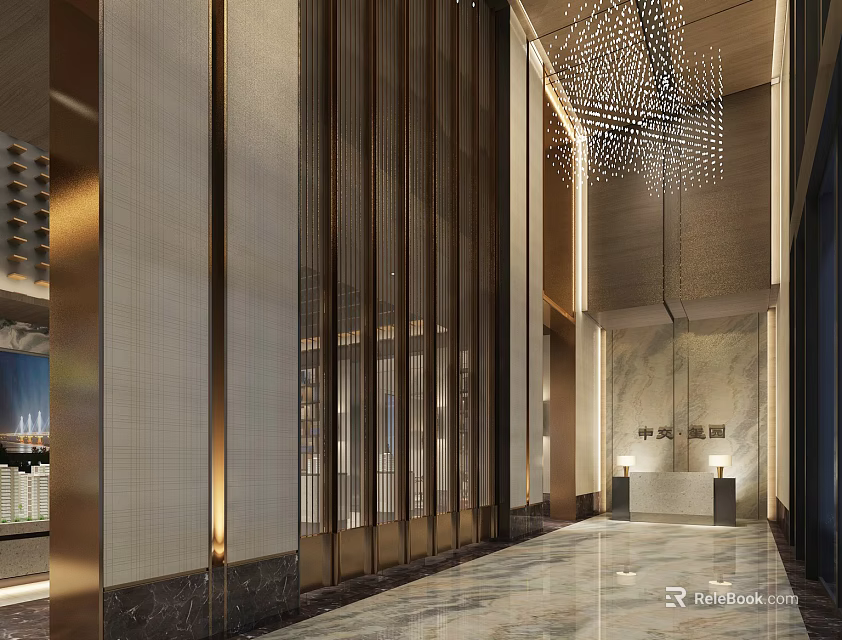 Modern Luxurious Shop Front Desk Area With Marble Floor Metal Accents And Chandelier 3d model 