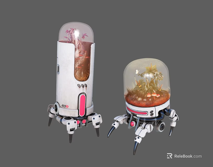 Small And Large White Mechanical Devices With Transparent Domes Legs Containing Colorful Creatures 3d model 