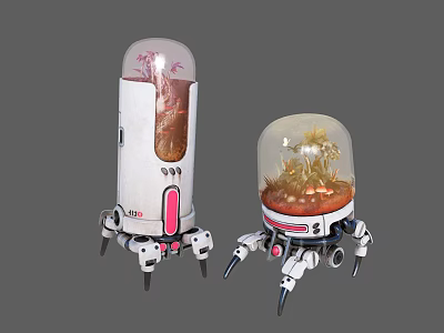 Small And Large White Mechanical Devices With Transparent Domes Legs Containing Colorful Creatures 3d model