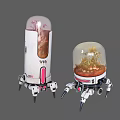 Small And Large White Mechanical Devices With Transparent Domes Legs Containing Colorful Creatures 3d model