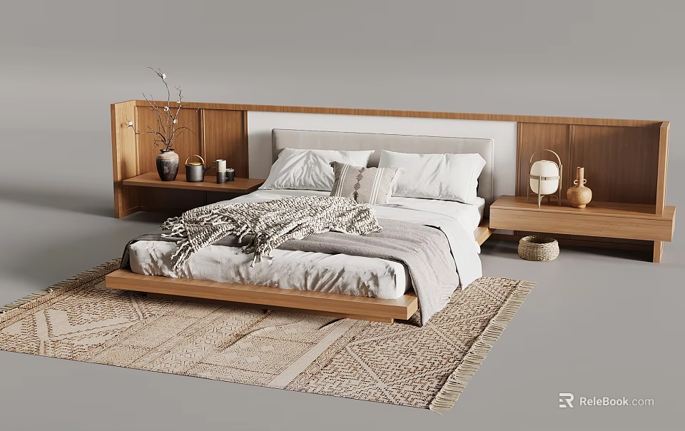 Modern Double Bed With Wooden Frame Upholstered Headboard White Sheets And Woven Rug 3d model 
