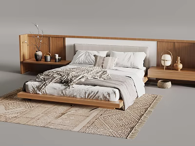 Modern Double Bed With Wooden Frame Upholstered Headboard White Sheets And Woven Rug 3d model