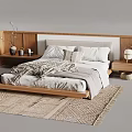 Modern Double Bed With Wooden Frame Upholstered Headboard White Sheets And Woven Rug