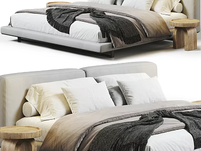 Modern Double Bed With Soft Bedding Plush Pillows And Wooden Nightstands 3d model