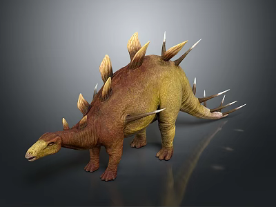 3D Stegosaurus With Brown Yellow Body Back Plates Tail Spikes Standing On Gray Background 3d model