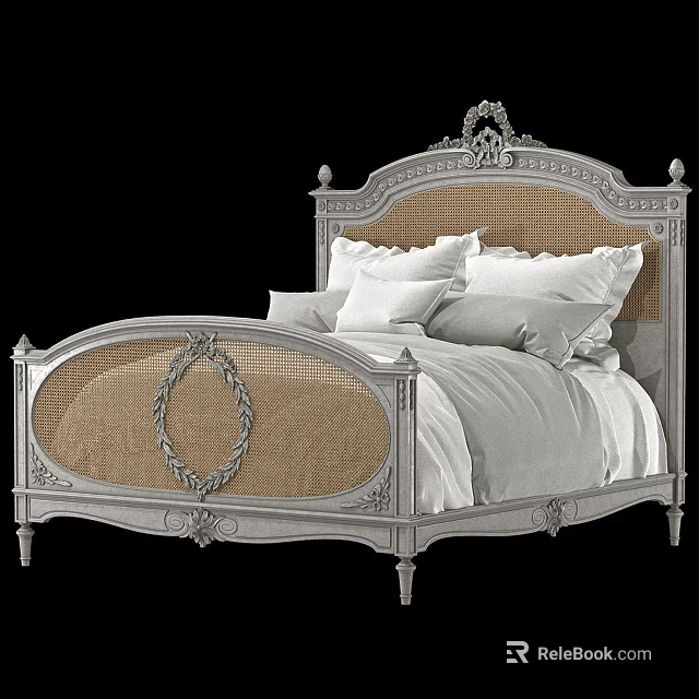 Vintage Style Double Bed Featuring Carved Headboard Wicker Panels And White Bed Linens 3d model 