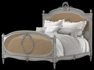 Vintage Style Double Bed Featuring Carved Headboard Wicker Panels And White Bed Linens 3d model