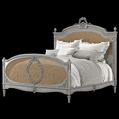 Vintage Style Double Bed Featuring Carved Headboard Wicker Panels And White Bed Linens 3d model