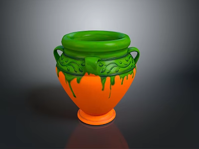 Carved Vase Sculpture with Green Top and Orange Body Decorative Patterns and Double Handles Design 3d model