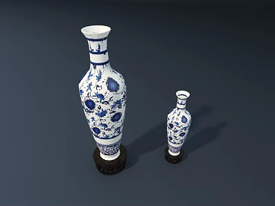 Blue and White Ceramic Vases with Floral Patterns on Wooden Stands in Different Sizes 3d model