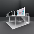 Modern Two Story Exhibition Space With Glass Railing Digital Screen And Staircase Under Column Platform