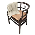 Dark Wooden Frame Armchair With Brown Leather Seat And Light Gray Textured Blanket On Armrest