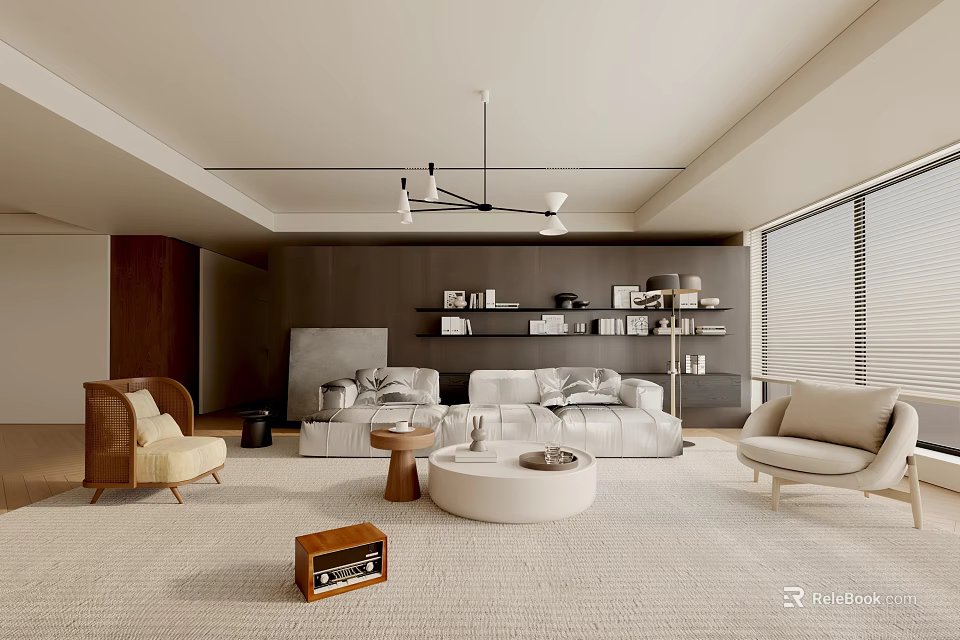 Elegant Modern Living Room Interior Design With White Sofa Round Coffee Table And Brown Armchair 3d model 