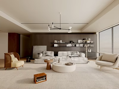 Elegant Modern Living Room Interior Design With White Sofa Round Coffee Table And Brown Armchair 3d model