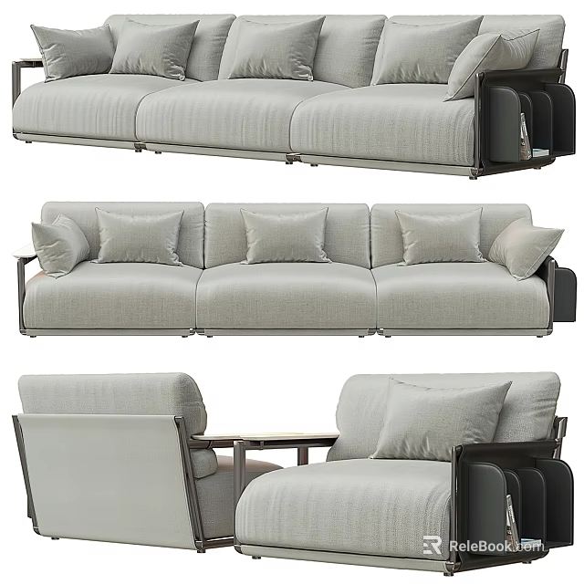 Modern Three Seater Sofa Interior Design With Light Gray Linen And Plush Cushions 3d model
