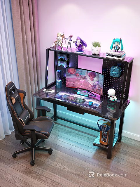 Gaming Bedroom Setup With Ergonomic Chair Curved Monitor RGB Lighting And Figurines 3d model 