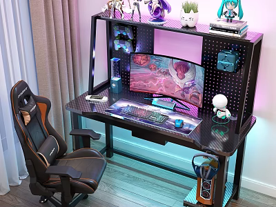 Gaming Bedroom Setup With Ergonomic Chair Curved Monitor RGB Lighting And Figurines 3d model