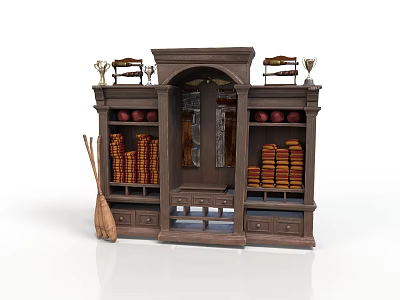 Antique Wooden Display Cabinet With Glass Shelves Drawers And Decorative Items 3d model